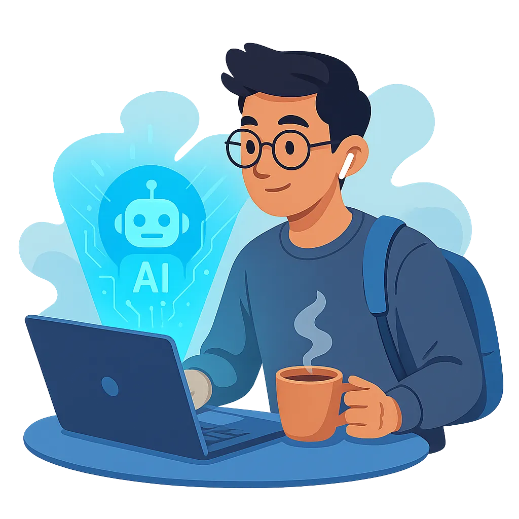 Ilustrasi mahasiswa mengerjakan skripsi dengan bantuan AI